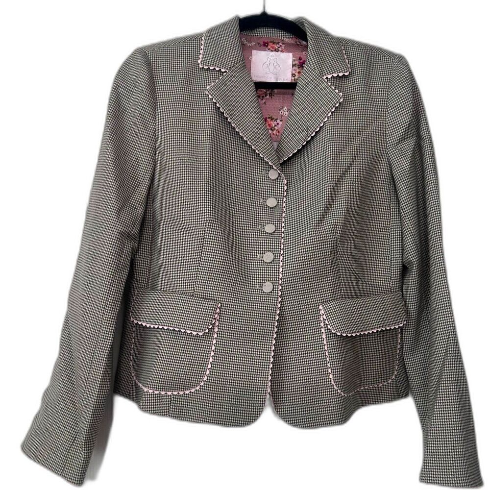 Vintage Rebecca Taylor Blazer Women’s Size 8 Houndstooth w Pink Scalloped Trim